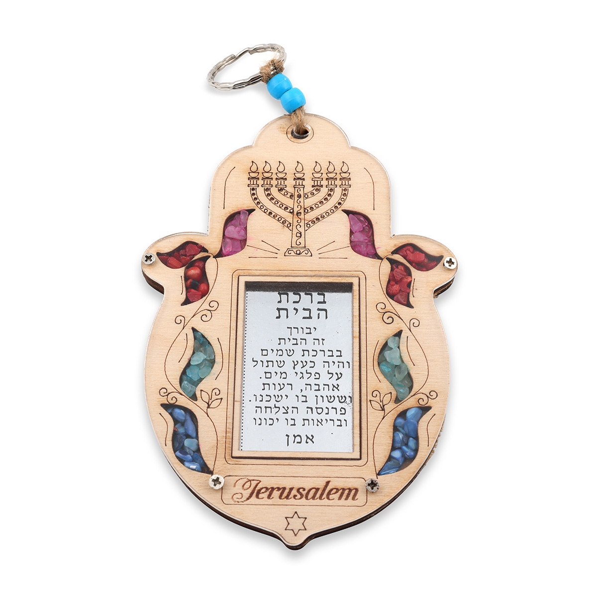 Wooden Hamsa Home Blessing Hebrew/English Wall Hanging with Menorah and Gemstones - 1
