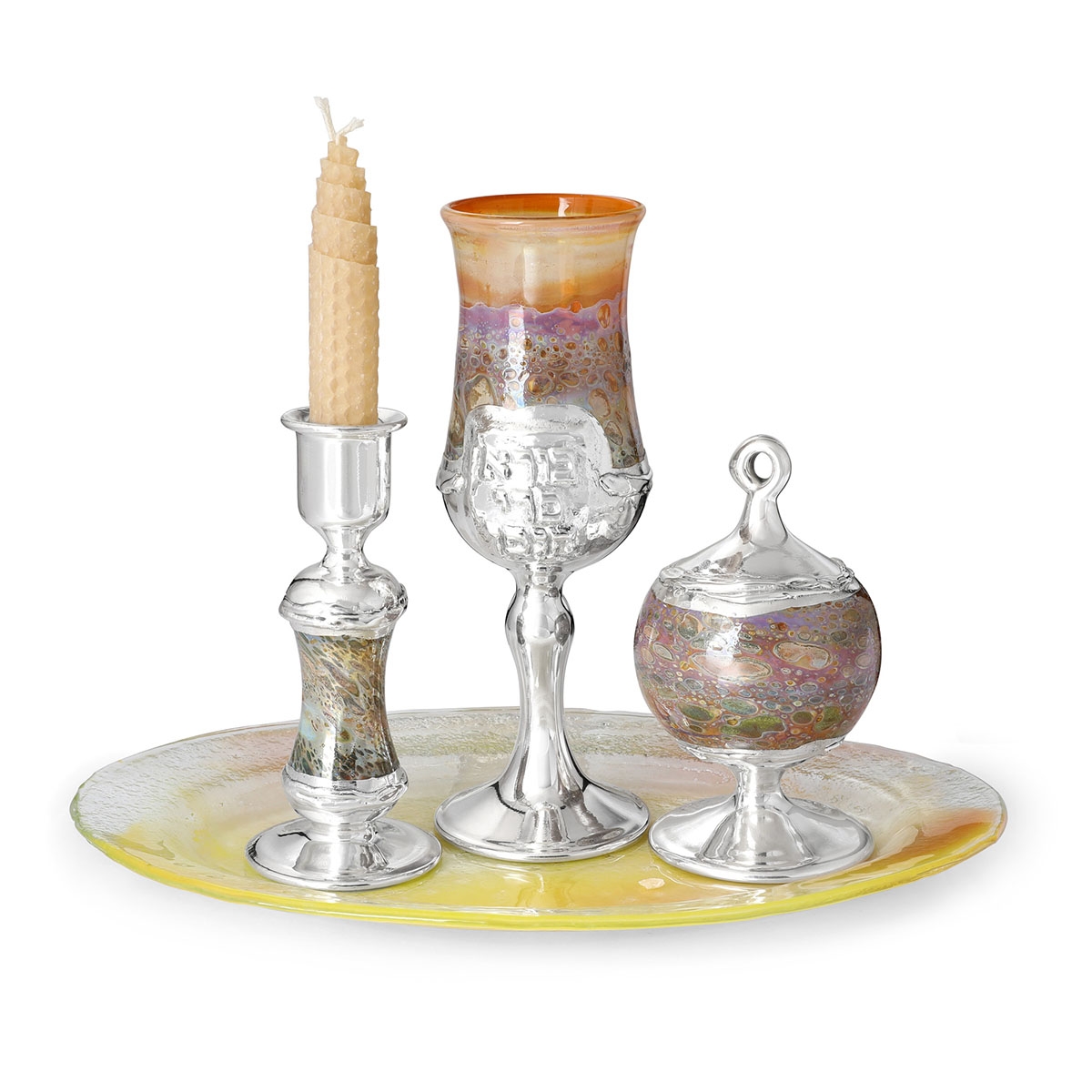 Luxurious Handcrafted Glass and Sterling Silver Havdalah Set (Multicolored) - 1