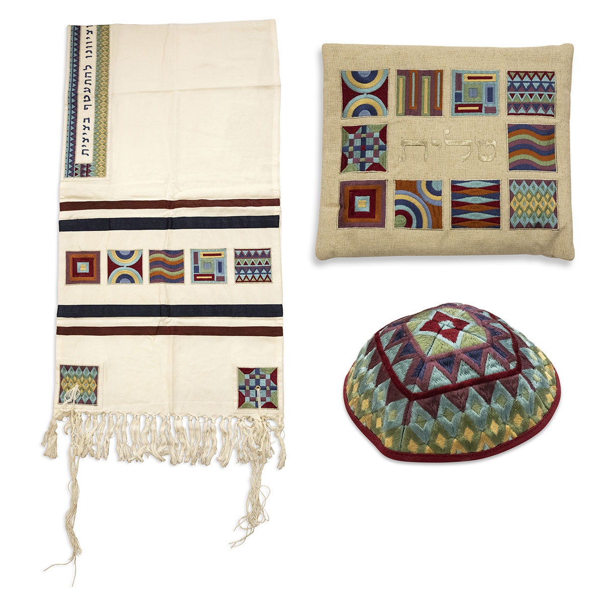 Yair Emanuel Embroidered Tallit Set With Square Patterns – Multicolored - 1