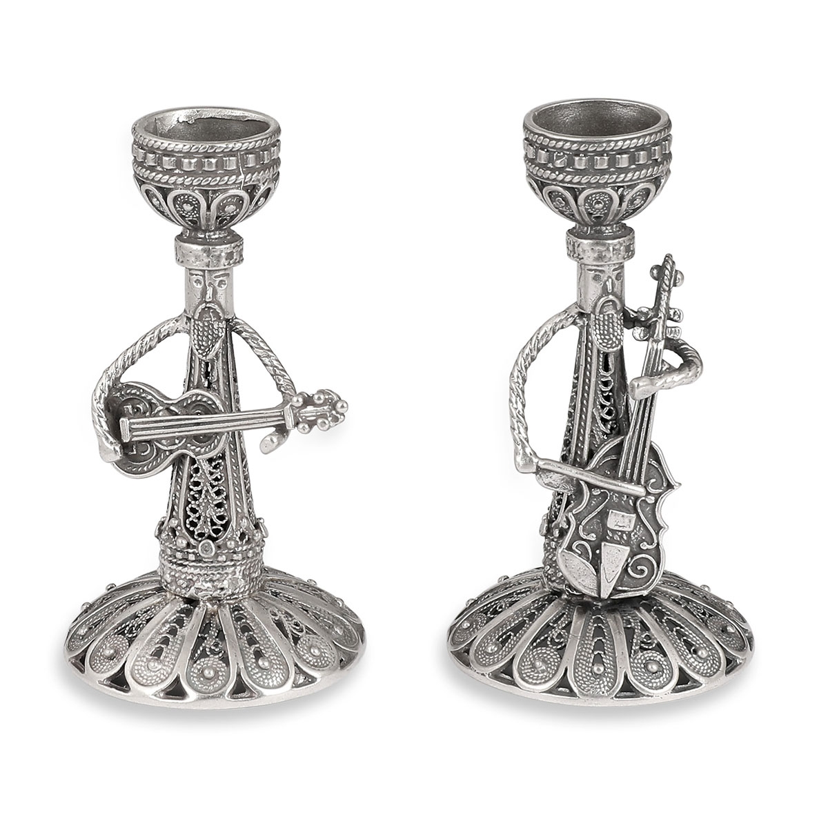 Traditional Yemenite Art Handcrafted Sterling Silver Klezmer Musician Candlesticks With Filigree Design - 1