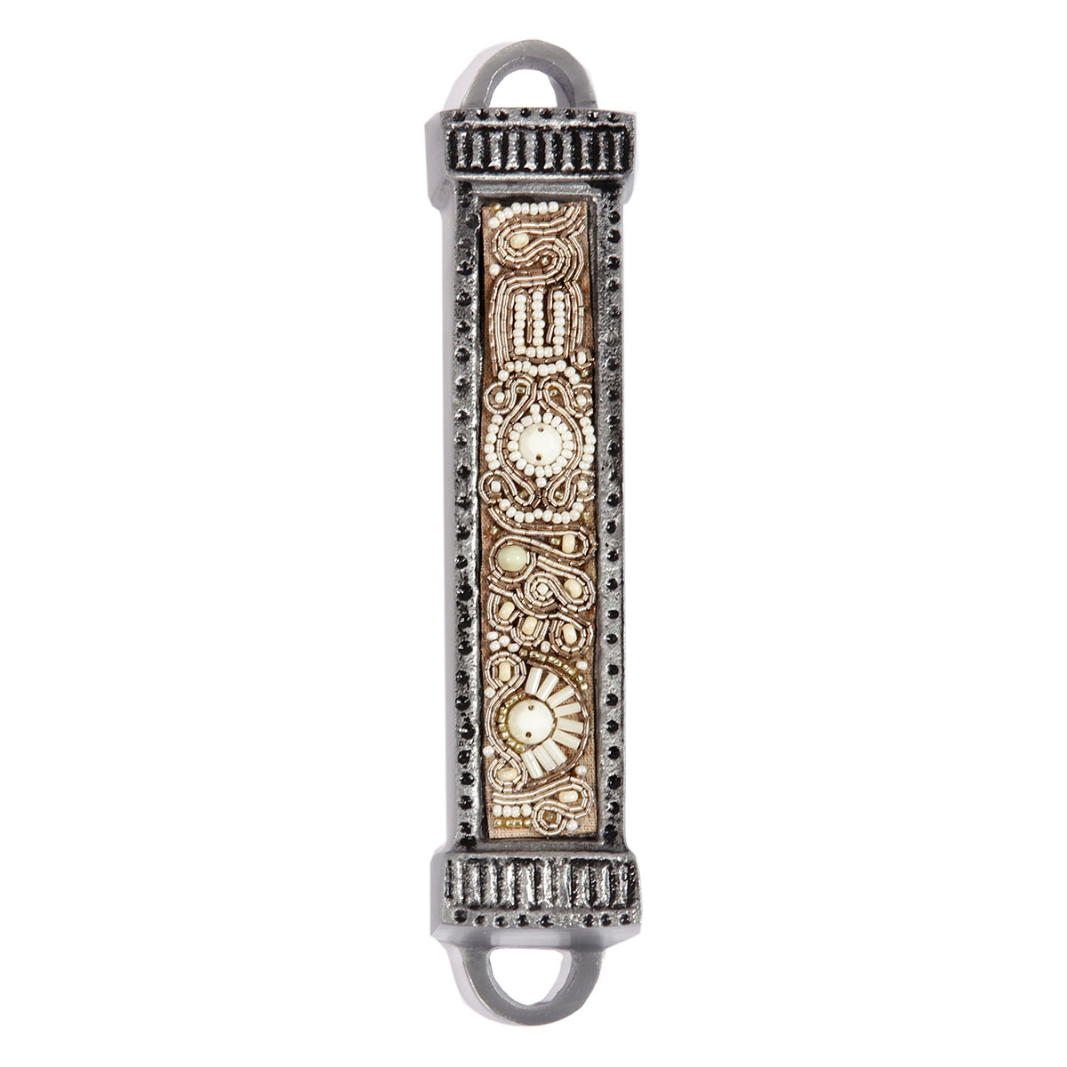Yair Emanuel Aluminum Mezuzah with Embroidered Beads-Brown/Beige - 1