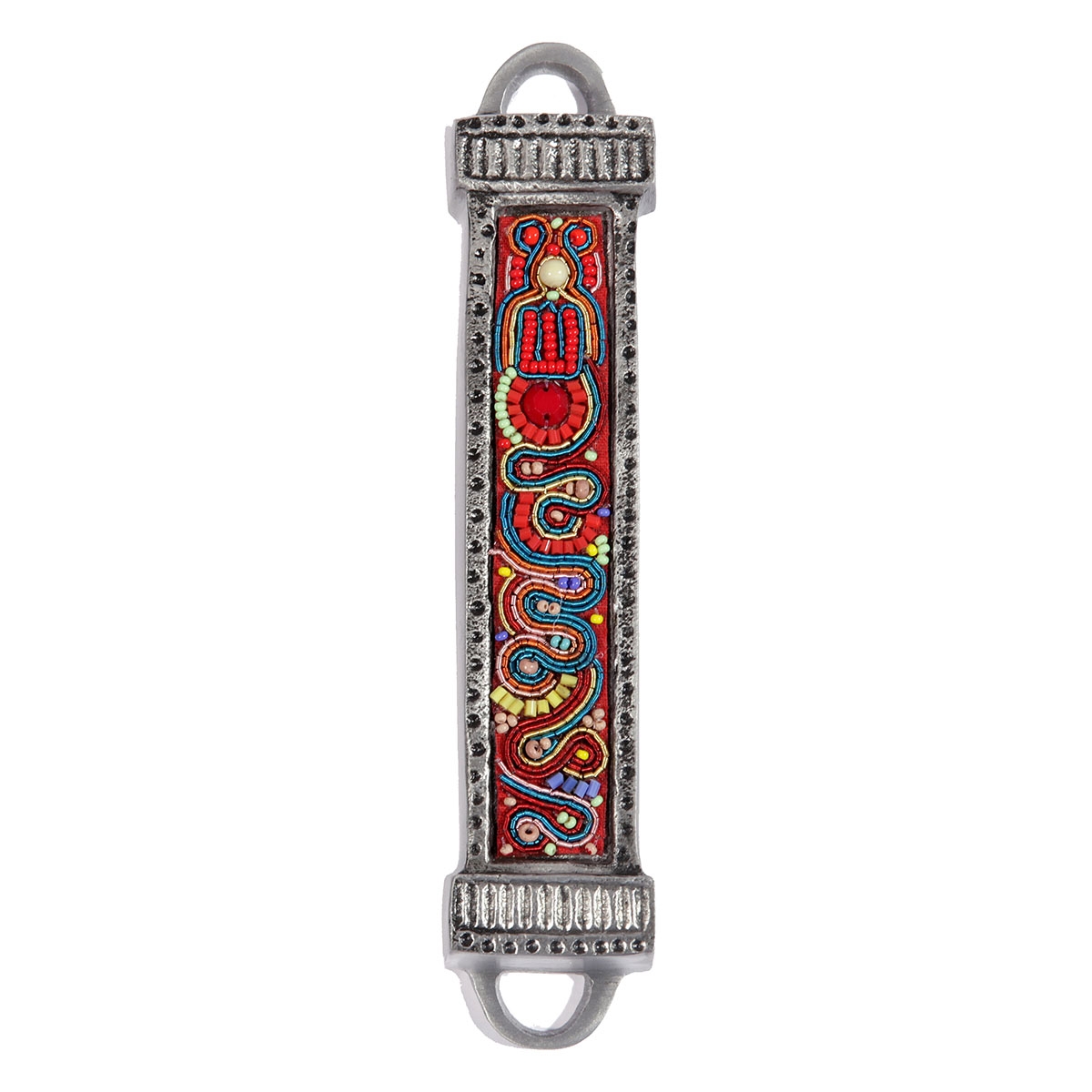 Yair Emanuel Aluminum Mezuzah with Embroidered Beads-Red/Blue - 1