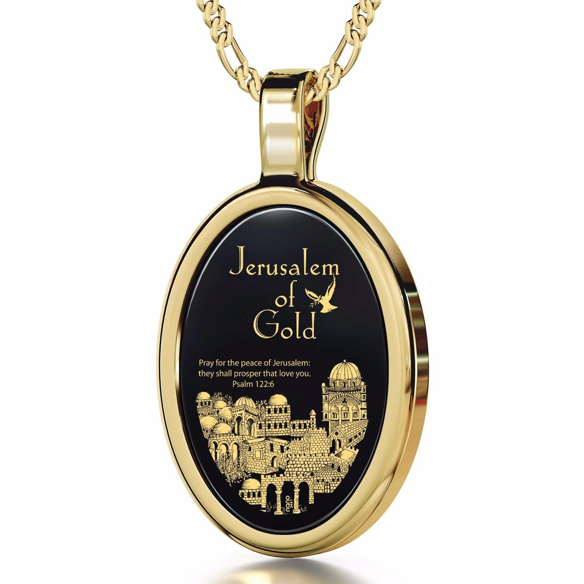 Jerusalem of Gold: 14K Gold and Onyx Necklace Micro-Inscribed with 24K Gold - 1