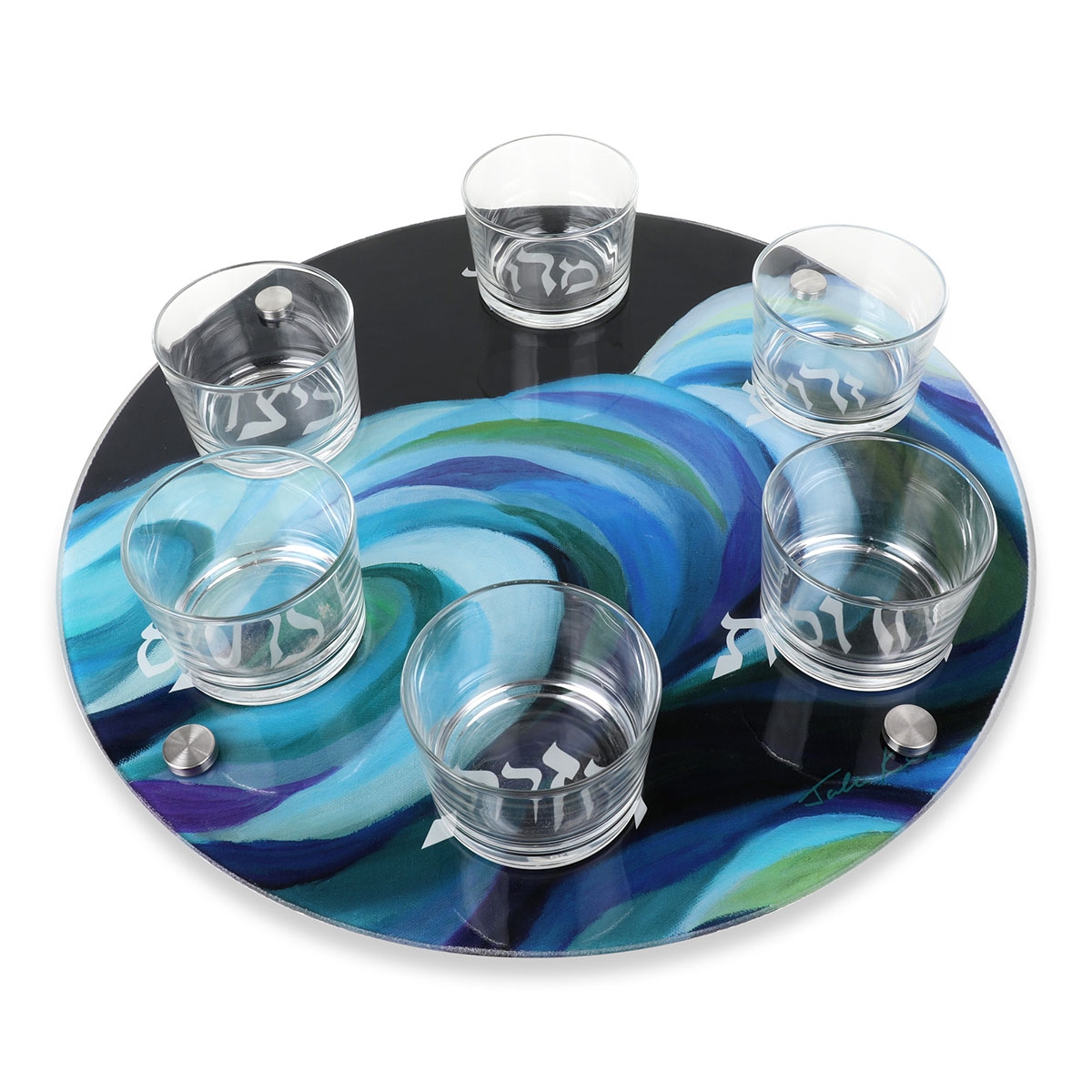 Glass Seder Plate With Splitting of the Sea Design By Jordana Klein - 1