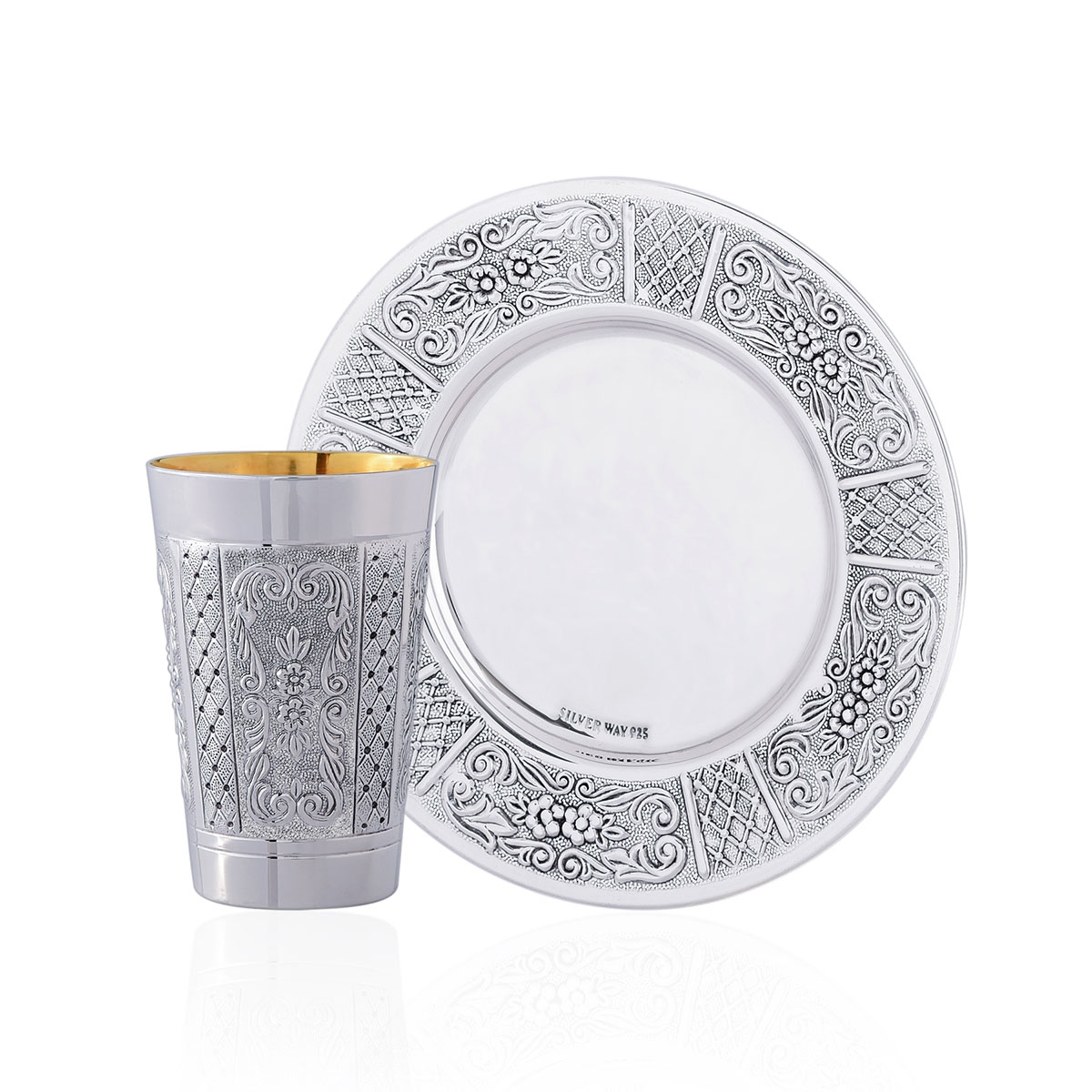 Refined 925 Sterling Kiddush Cup Set With Ornate Floral Designs - 1