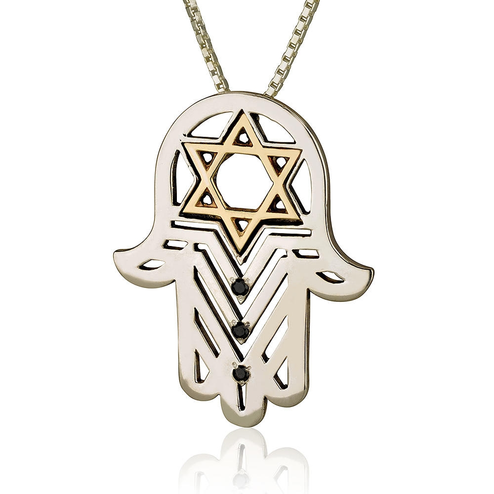 Men's Silver Hamsa Necklace with Gold Star of David and Black Diamonds - 1