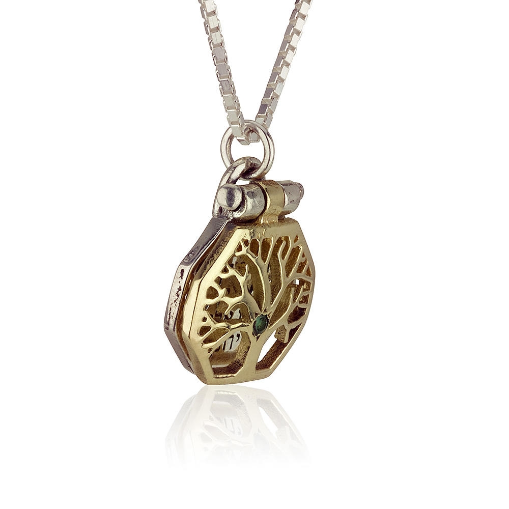 Sterling Silver and Gold Opening Tree of Life Necklace with Emerald Stone  - 1