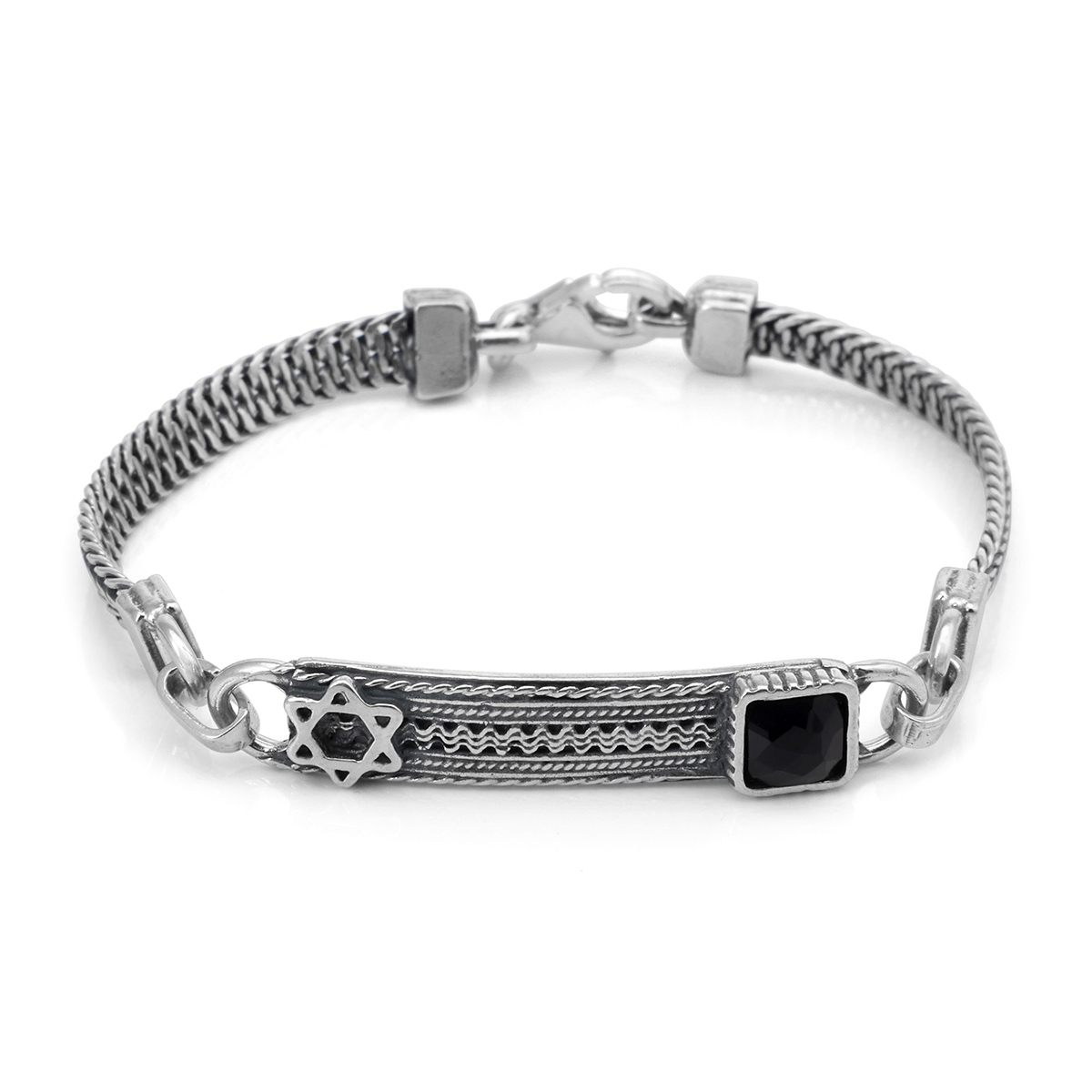 Star of David Men's Sterling Silver & Black Onyx Stone Bracelet With Priestly Blessing - 1