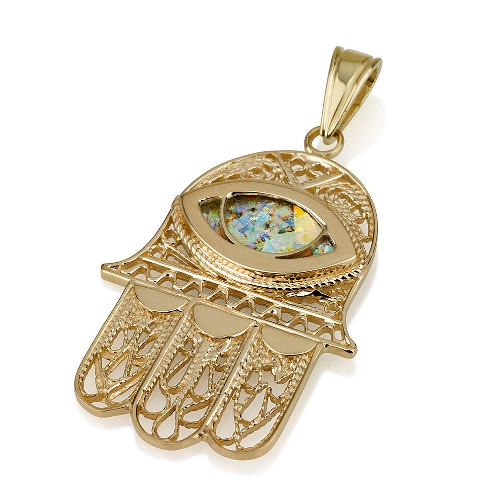 14K Gold Filigree Hamsa Pendant with Roman Glass Evil Eye - 1