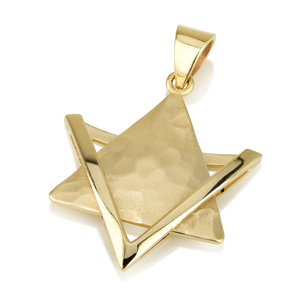 14K Yellow Gold Star of David Pendant with Hammered Triangle and Outline Point - 1