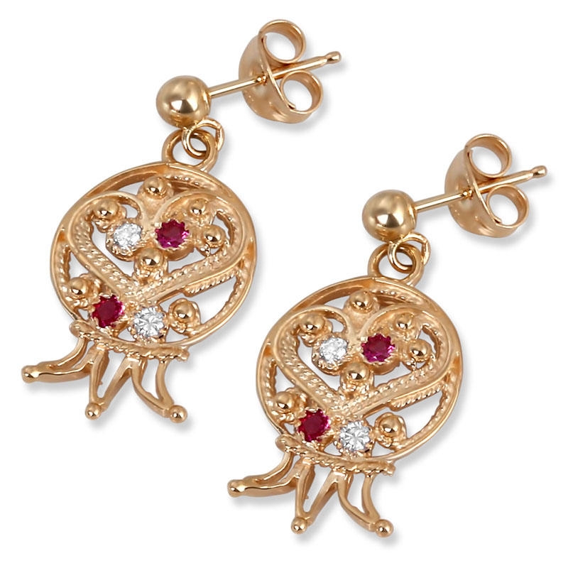 14K Gold Pomegranate Earrings with Ruby and Quartz Stones - 1