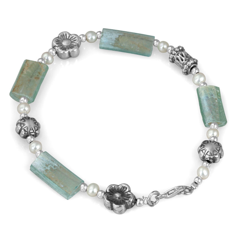 Sterling Silver Bracelet with Roman Glass and White Pearls - 1