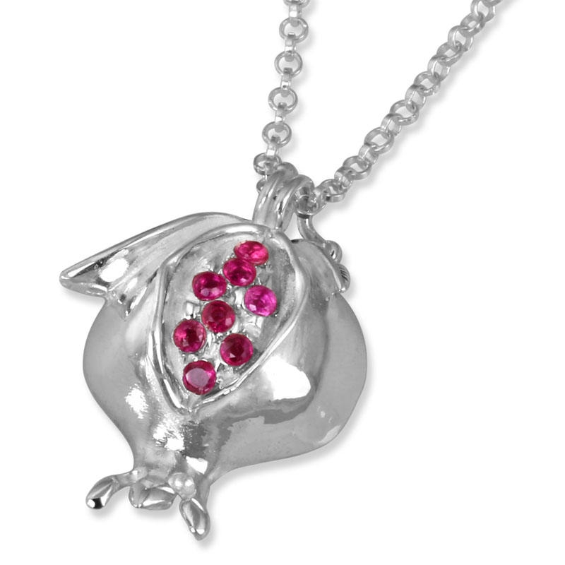 Sterling Silver Pomegranate Necklace with Ruby Stones - 1