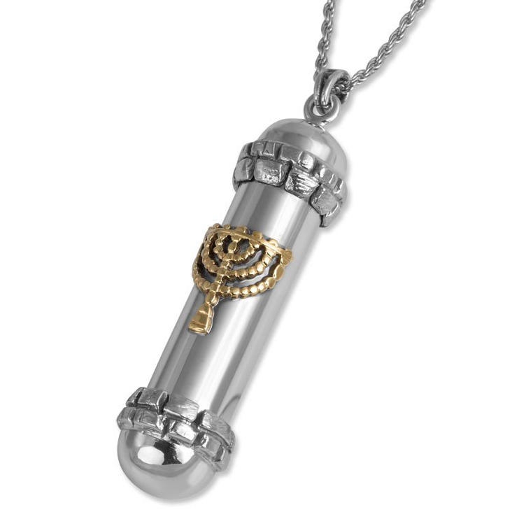 Sterling Silver Mezuzah Necklace with Gold Menorah and Jerusalem Bricks - 1