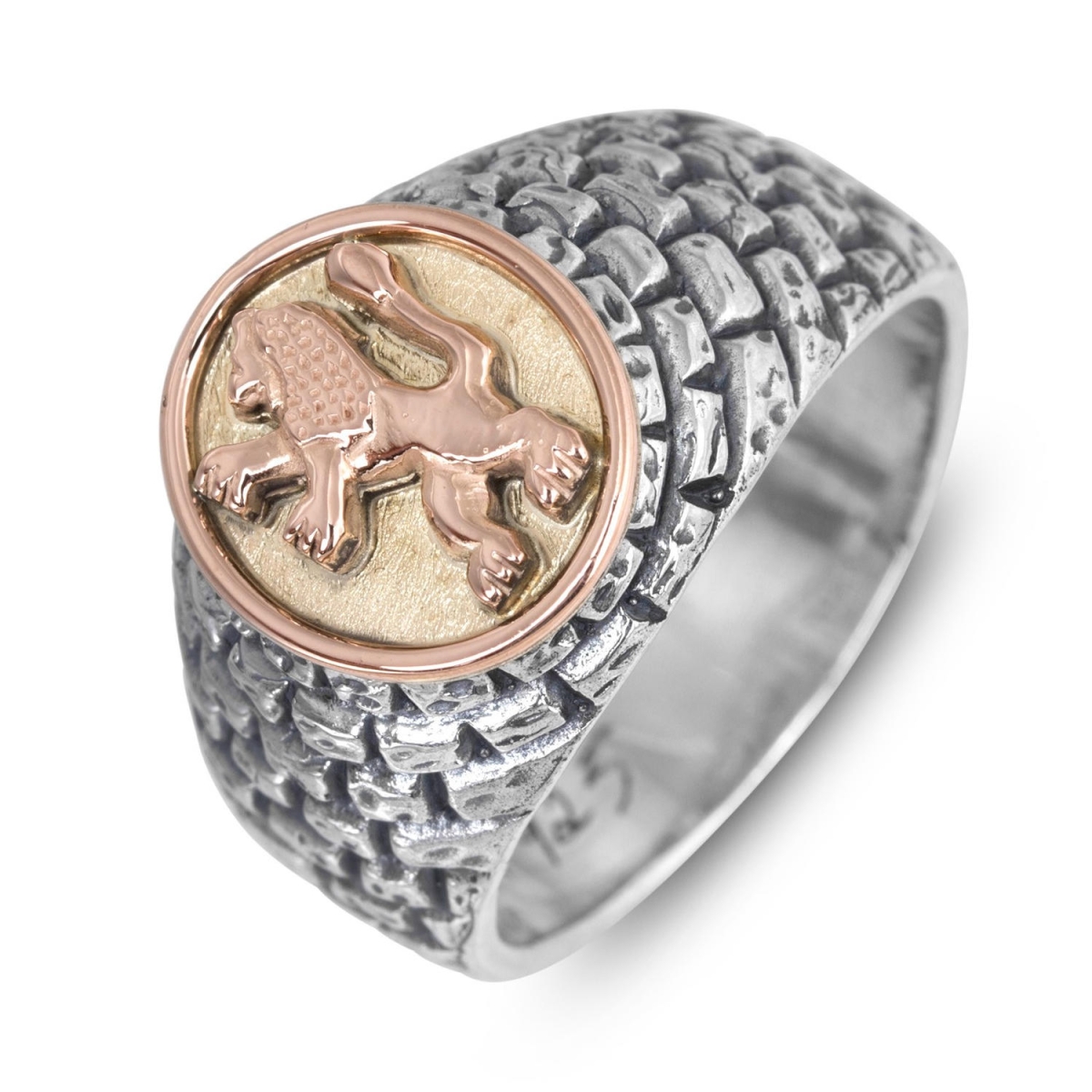 Silver Western Wall Bricks Ring with 14K Gold Lion of Judah - 1