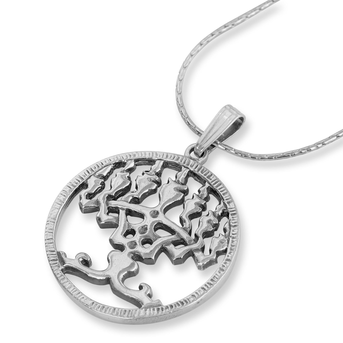 Sterling Silver Menorah - Tree of Life Disk Necklace - 1