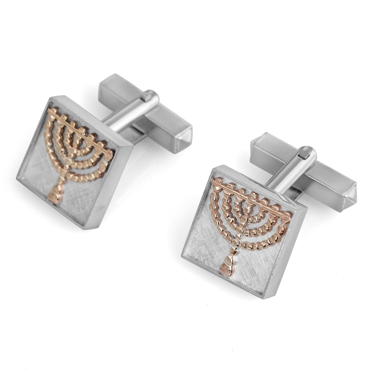 Sterling Silver Square Cufflinks with Gold Menorahs - 1
