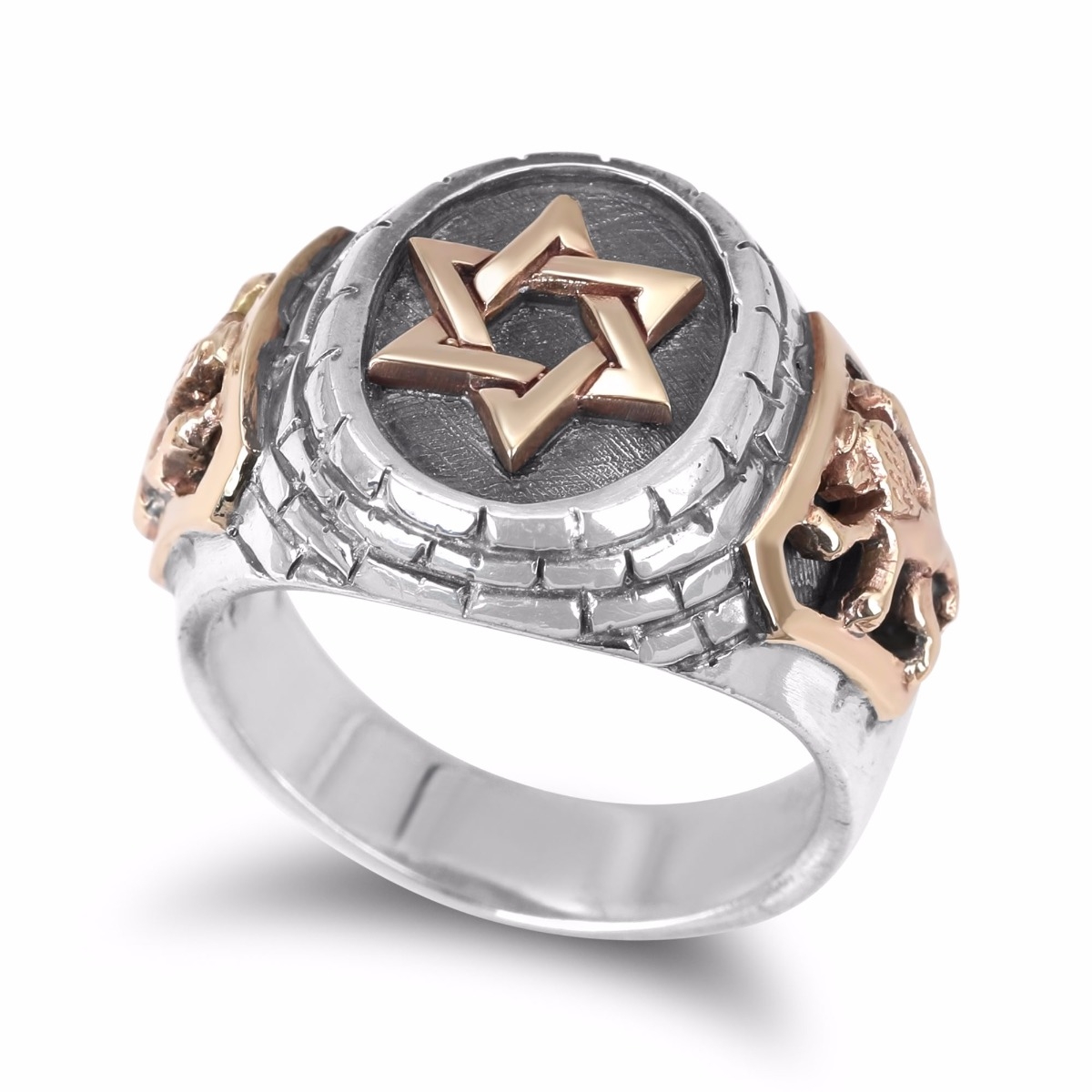 Rafael Jewelry Star of David and Lion of Judah 925 Sterling Silver and 9K Gold Ring - 1
