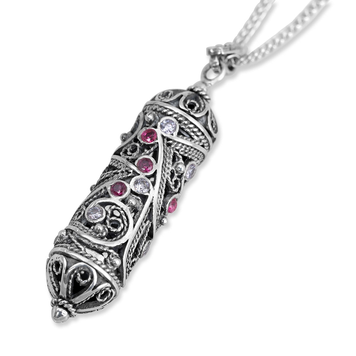 Rafael Jewelry Filigree Mezuzah Sterling Silver with Ruby and Lavender Necklace  - 1