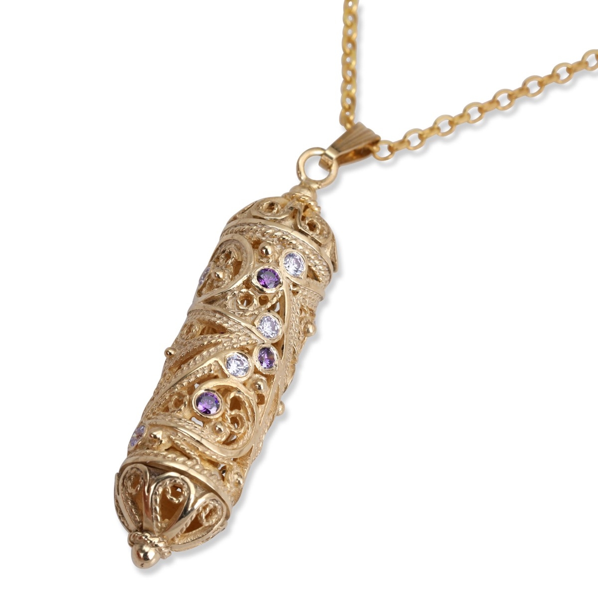Rafael Jewelry 14K Gold Filigree Mezuzah Lavender and Amethyst Pendant - 1