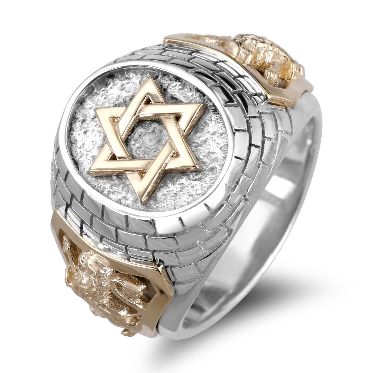 Rafael Jewelry Sterling Silver and 14K Gold Star of David Jerusalem Lions Ring  - 1