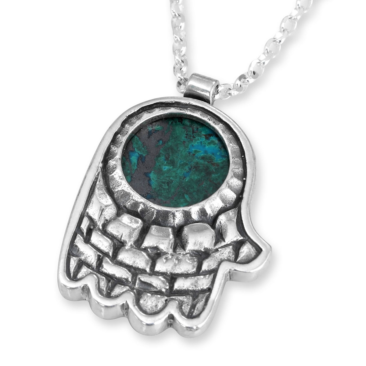 Sterling Silver and Eilat Stone Hamsa Necklace With Old Jerusalem Motif - 1