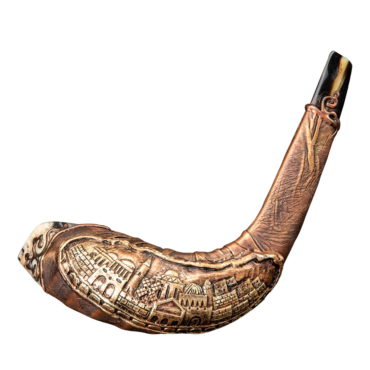 Ram's Horn Leather Shofar with Old City Jerusalem Motif - 1