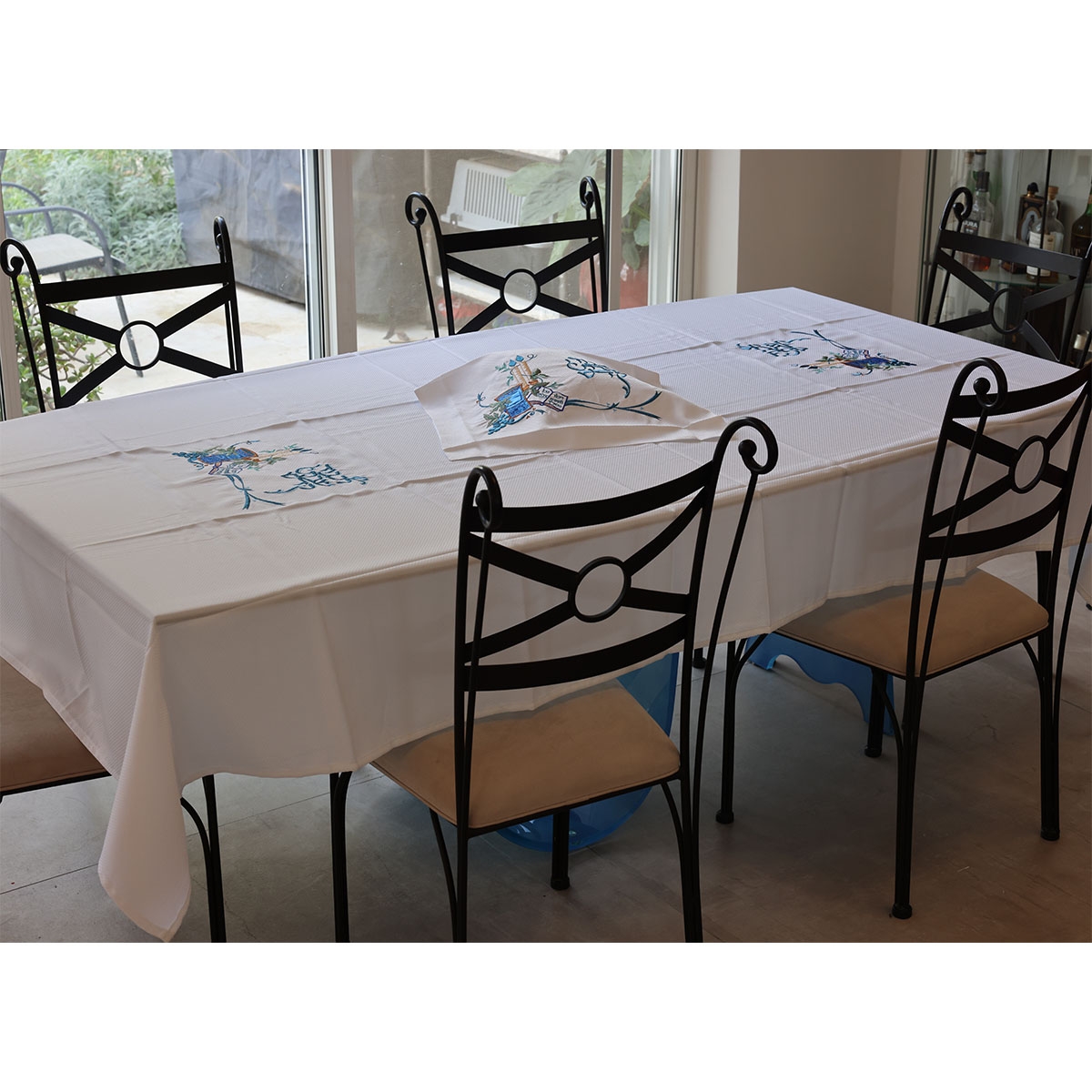 Stain Resistant Blue Embroidery-on-Both-Ends Shabbat Tablecloth Set - 1