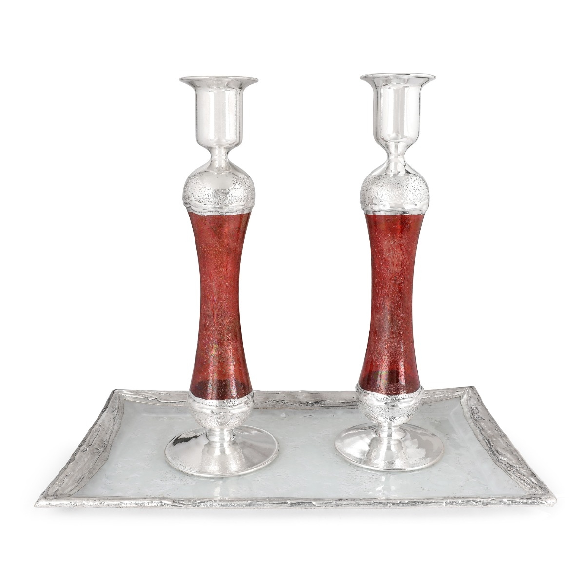 Large Handcrafted Sterling-Silver Plated Glass Shabbat Candlesticks (Red) - 1