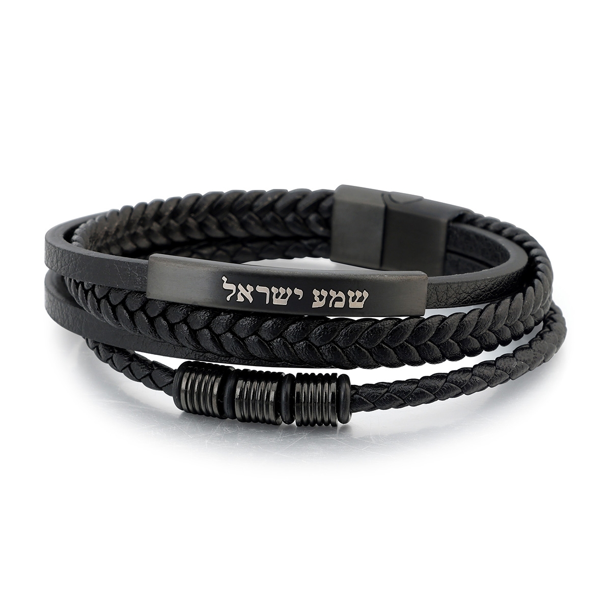Men's Shema Yisrael Beaded Leather Bracelet with Magnetic Clasp - Black - 1