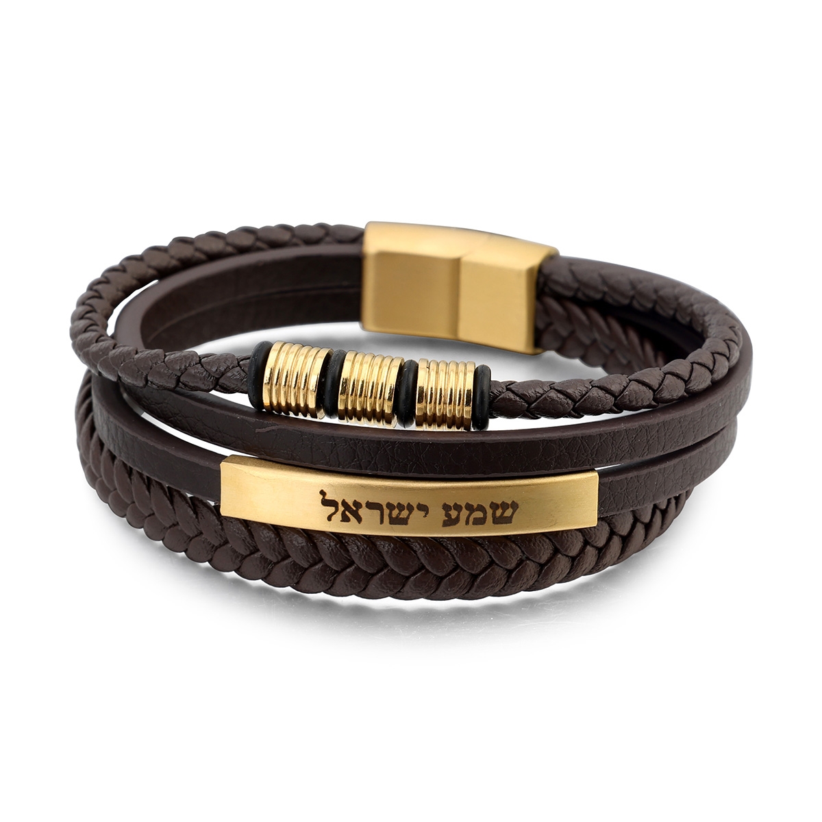 Men's Shema Yisrael Beaded Brown Leather Bracelet with Magnetic Clasp  - 1