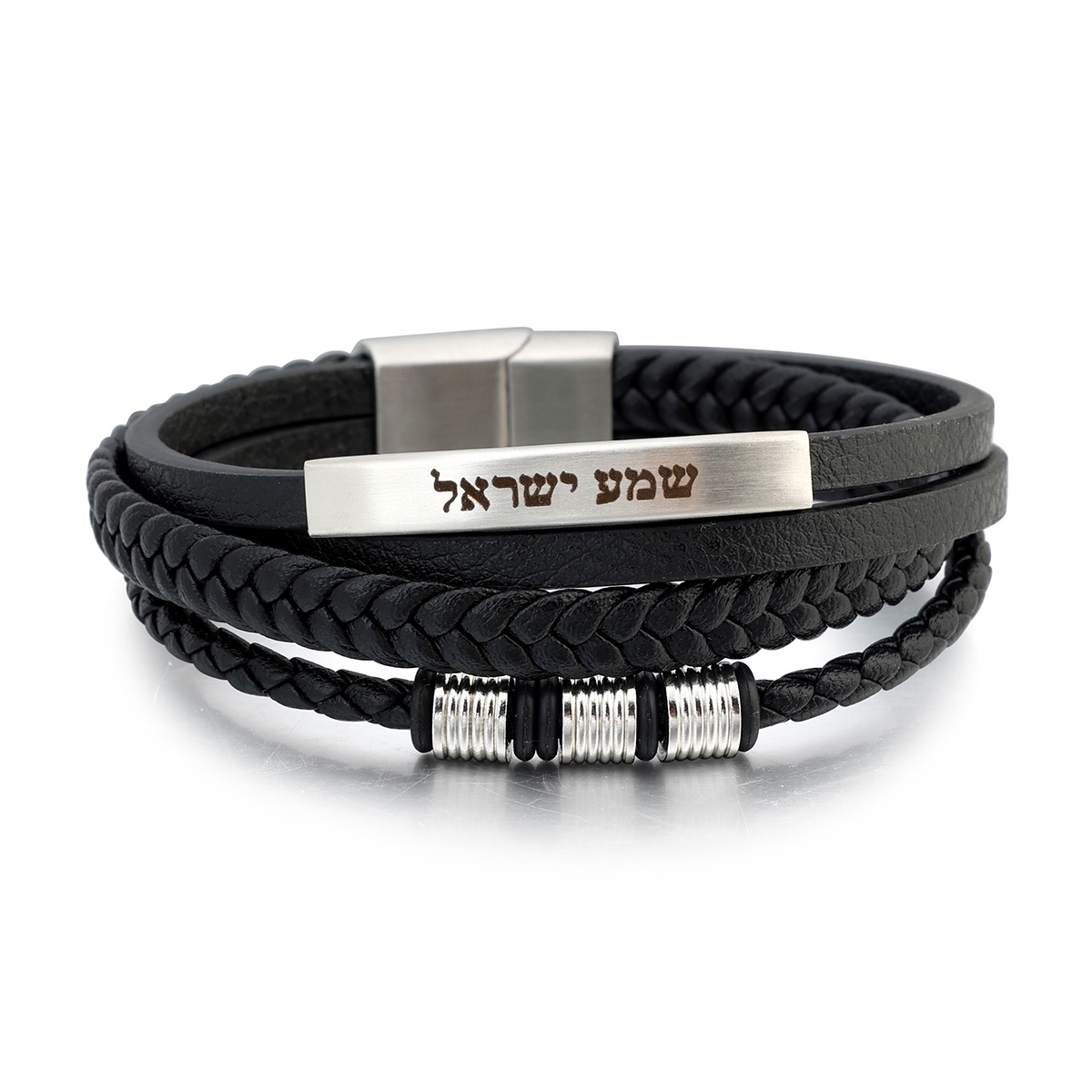 Men's Shema Yisrael 3-Band Beaded Leather Bracelet with Magnetic Clasp -  Blue and Black