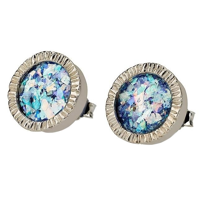 Roman Glass and Silver Textured Circle Stud Earrings - 1