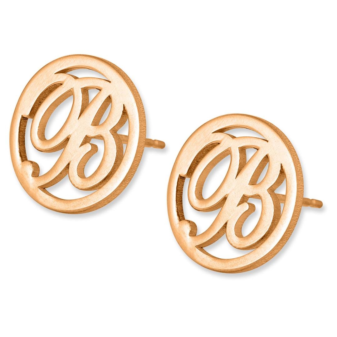 24K Rose Gold Plated Silver Circular Initial Earrings  - 1