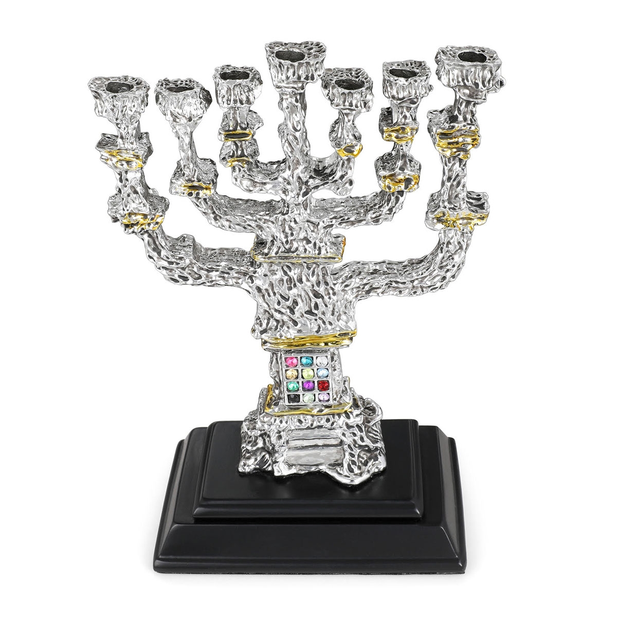 Silver-Plated and Gold-Accented Seven-Branched Menorah With Hoshen Design - 1