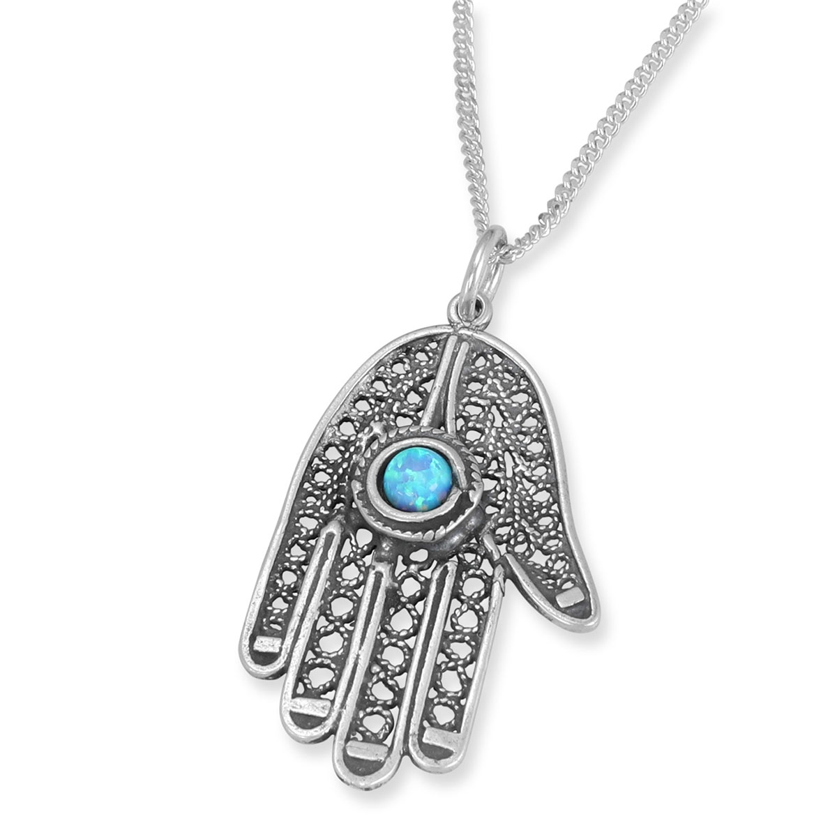 Traditional Yemenite Art Handcrafted Sterling Silver Filigreed Hamsa Necklace With Blue Opal Stone - 1