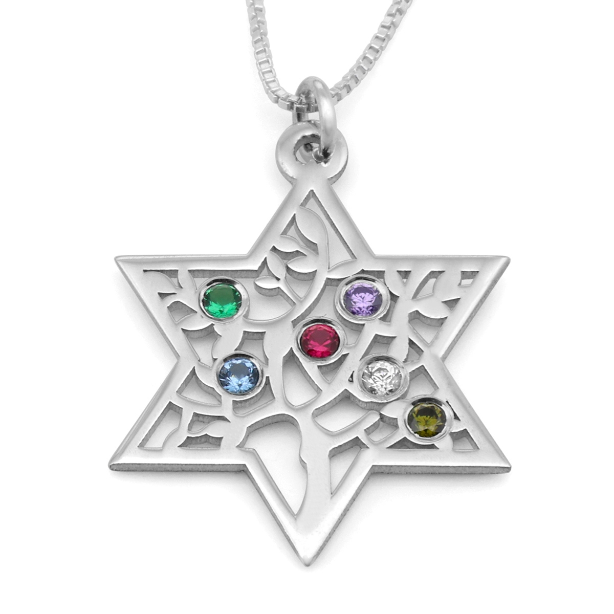 Birthstone Star of David and Tree of Life Sterling Silver Necklace  - 1