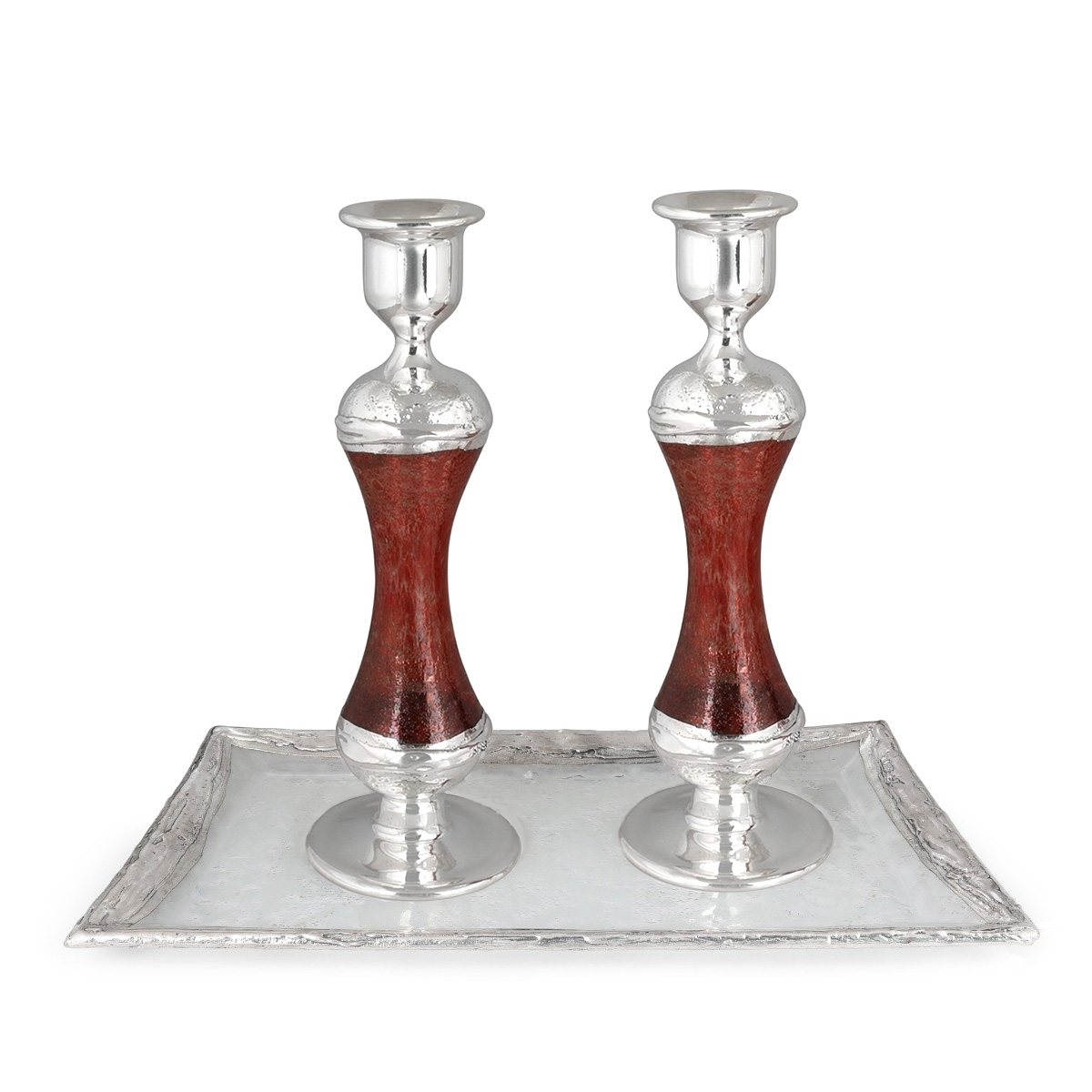 Tall Handmade Red Glass and Sterling Silver-Plated Shabbat Candlesticks - 1