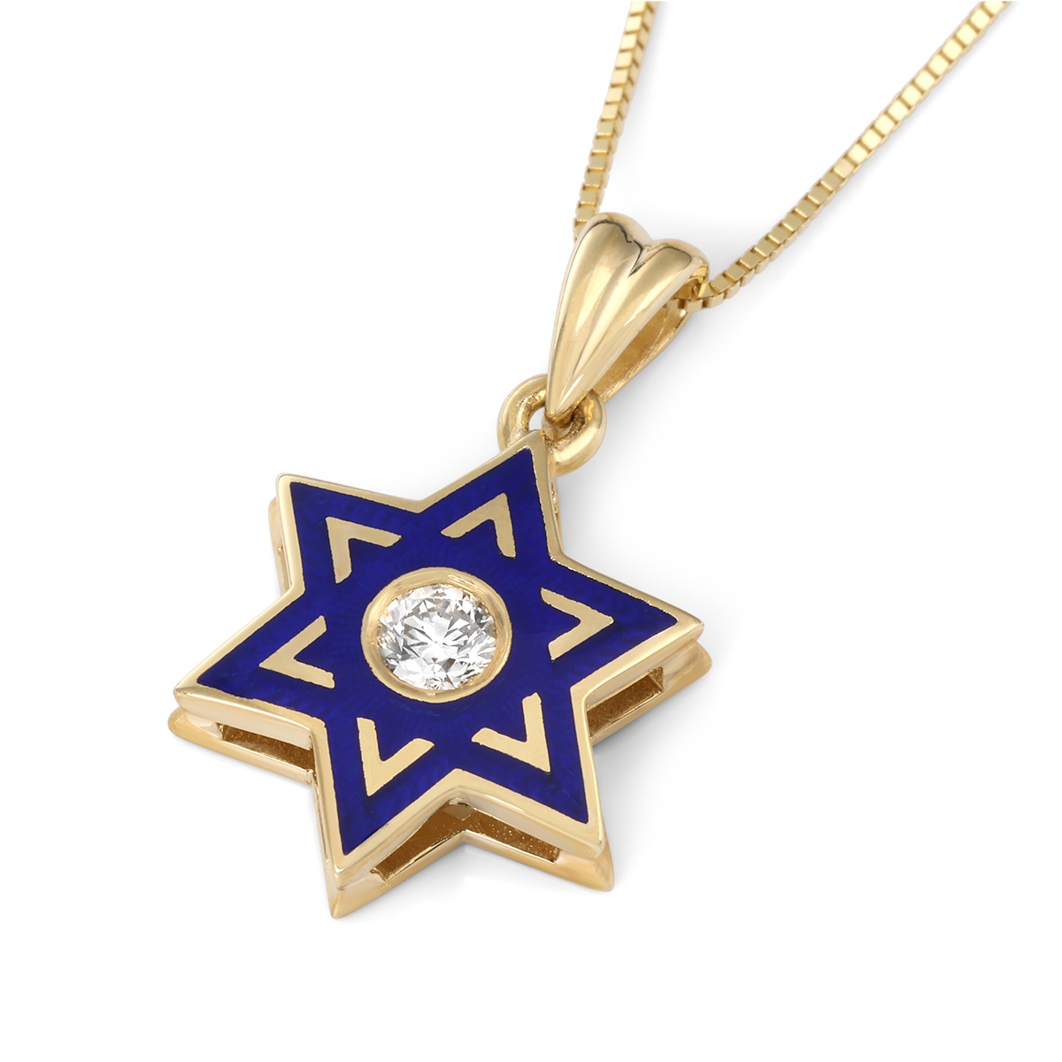 Deluxe 14K Yellow Gold & Blue Enamel Star of David Children's Pendant Necklace With White Diamond  - 1