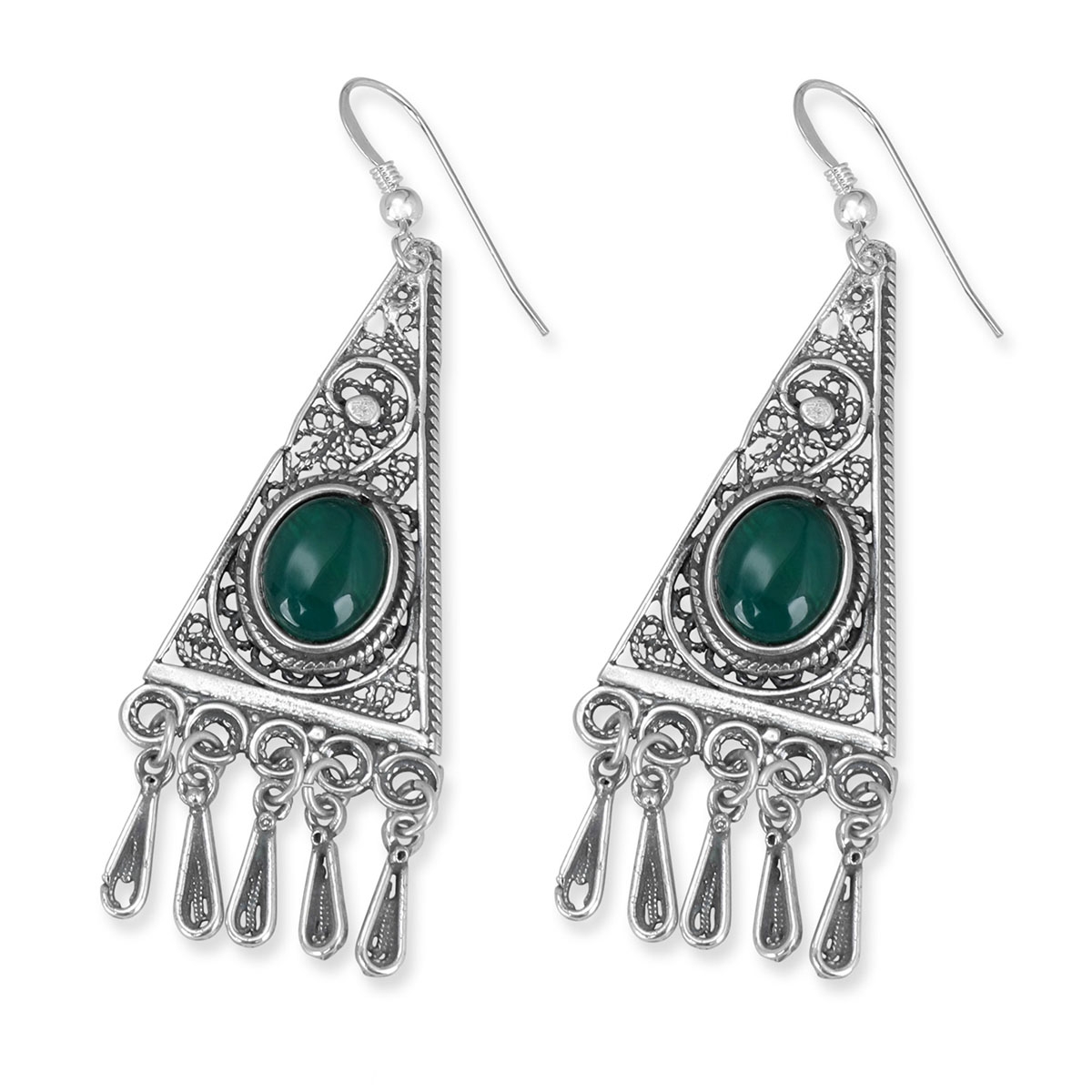 Traditional Yemenite Art Handcrafted Sterling Silver Filigree Triangle Earrings With Green Agate Stone - 1