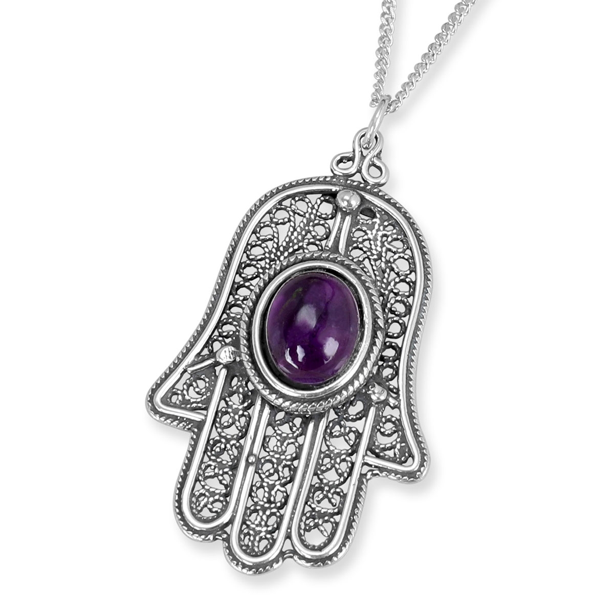 Traditional Yemenite Art Handcrafted Sterling Silver and Amethyst Hamsa Necklace With Rope Design - 1