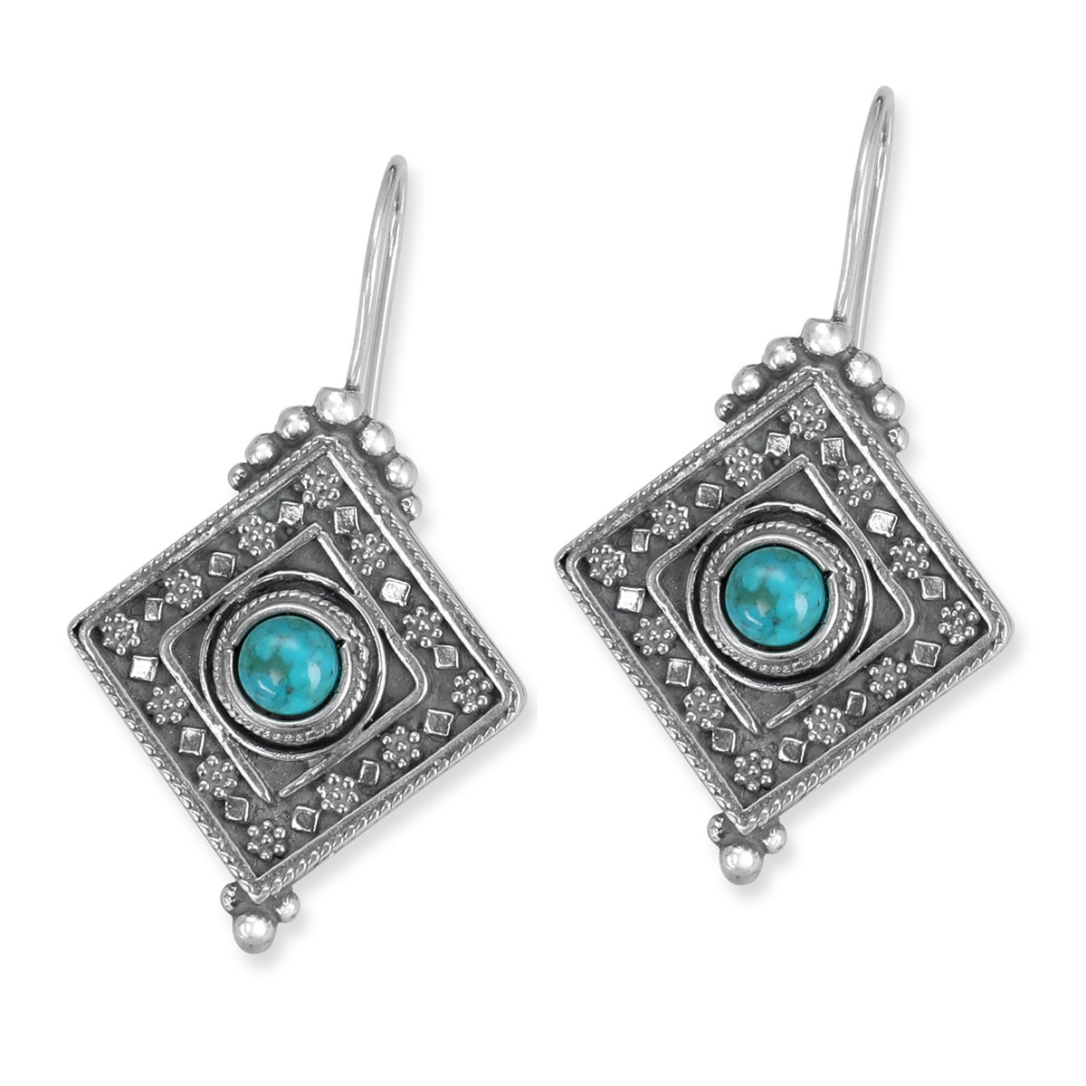 Traditional Yemenite Art Luxurious Handcrafted Sterling Silver Diamond-Shaped Earrings With Eilat Stone - 1