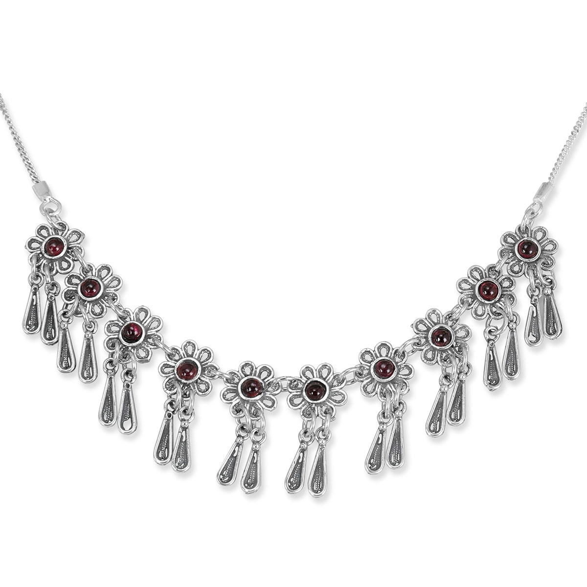 Traditional Yemenite Art Handcrafted Sterling Silver and Indian Garnet Necklace With Flower and Teardrop Design - 1
