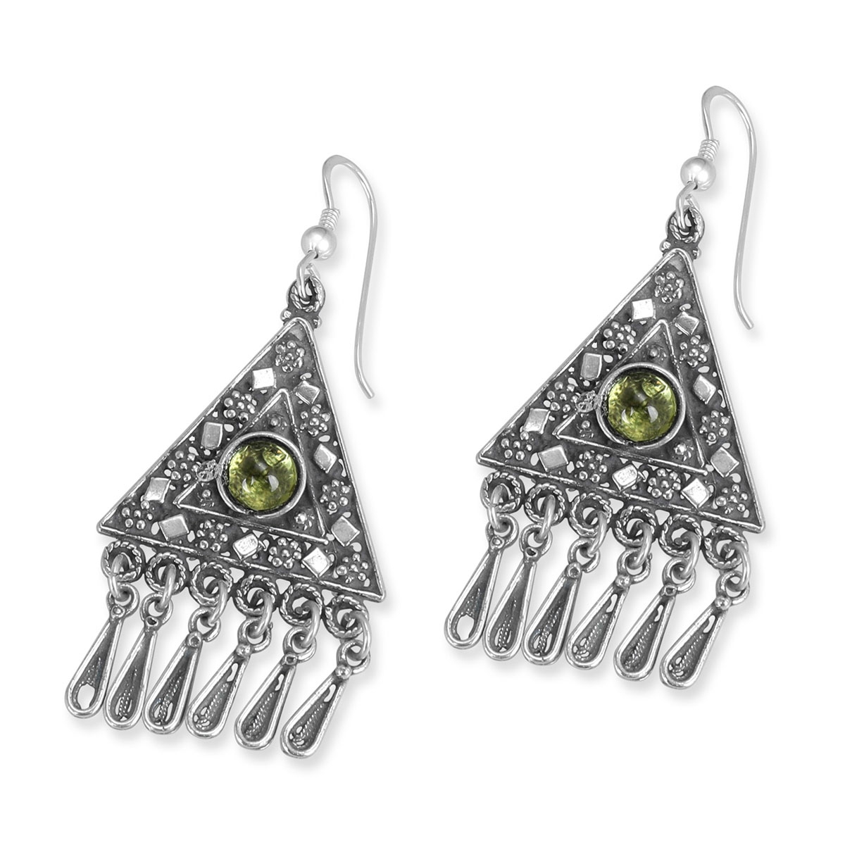 Traditional Yemenite Art Handcrafted Sterling Silver and Peridot Stone Triangle Earrings With Chic Designs - 1