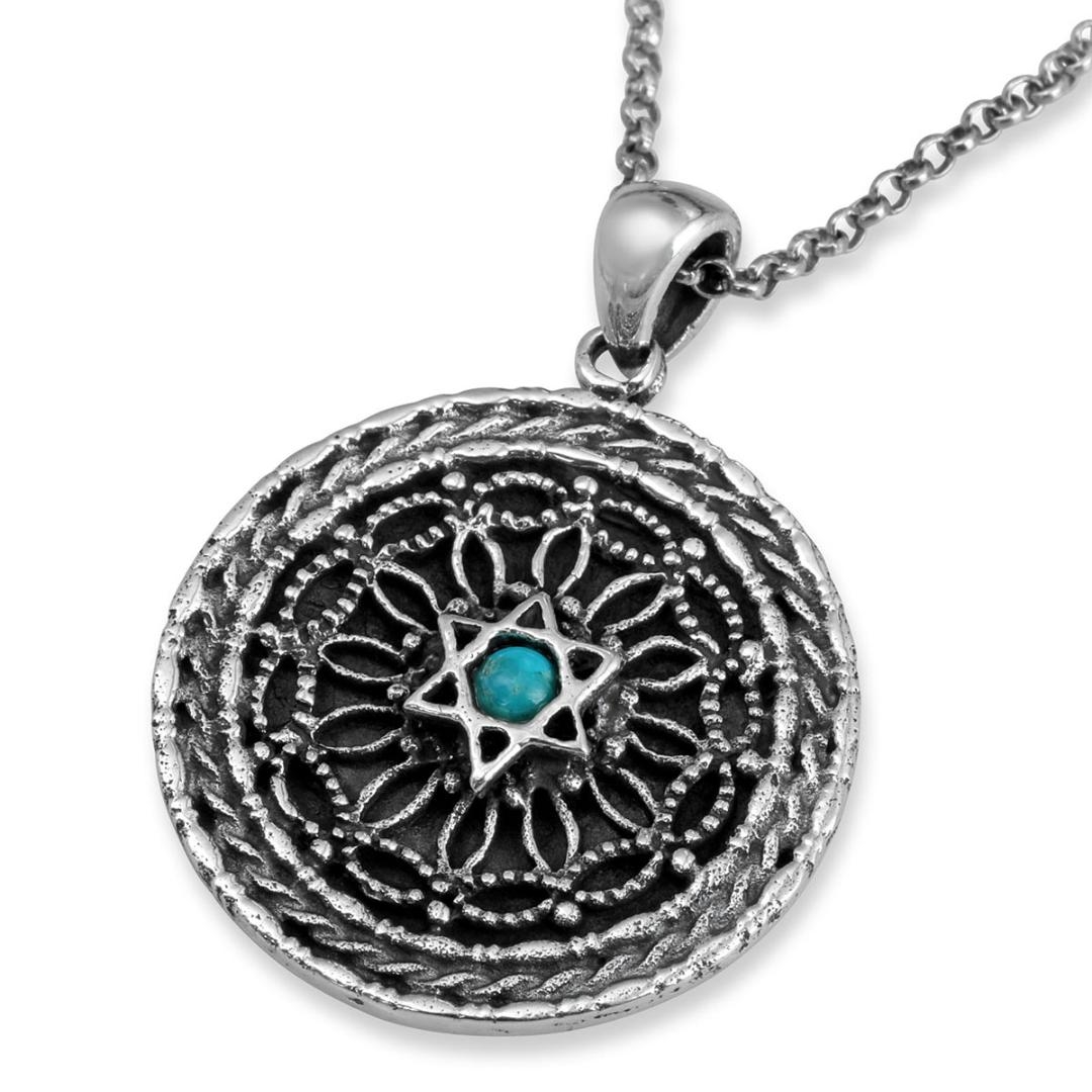 Sterling Silver Decorative Gam Ki Elech with Star of David Necklace with Choice of Turquoise/Garnet Stone - 1