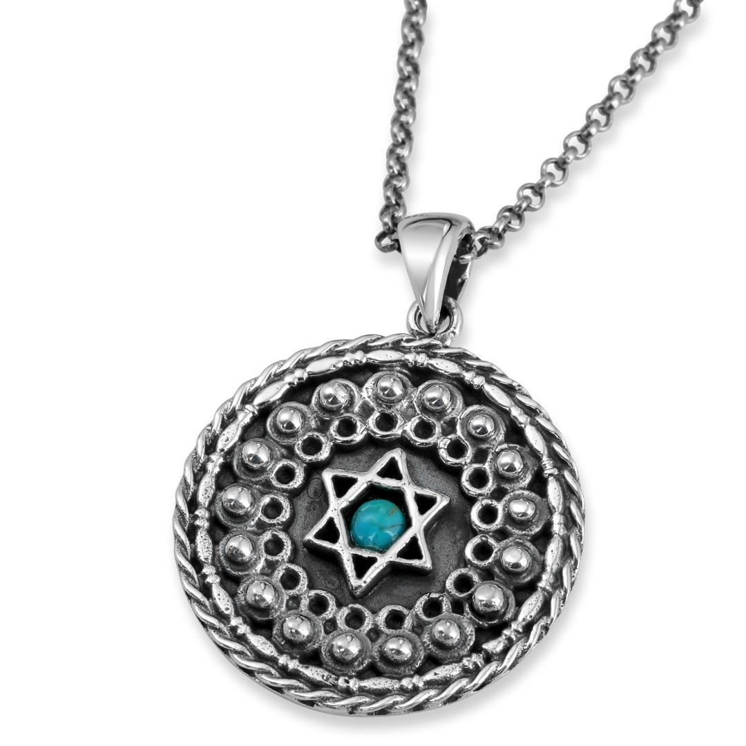 Sterling Silver Shema Yisrael Studded Star of Unisex David Necklace with Choice of Turquoise/Garnet Stone - 1