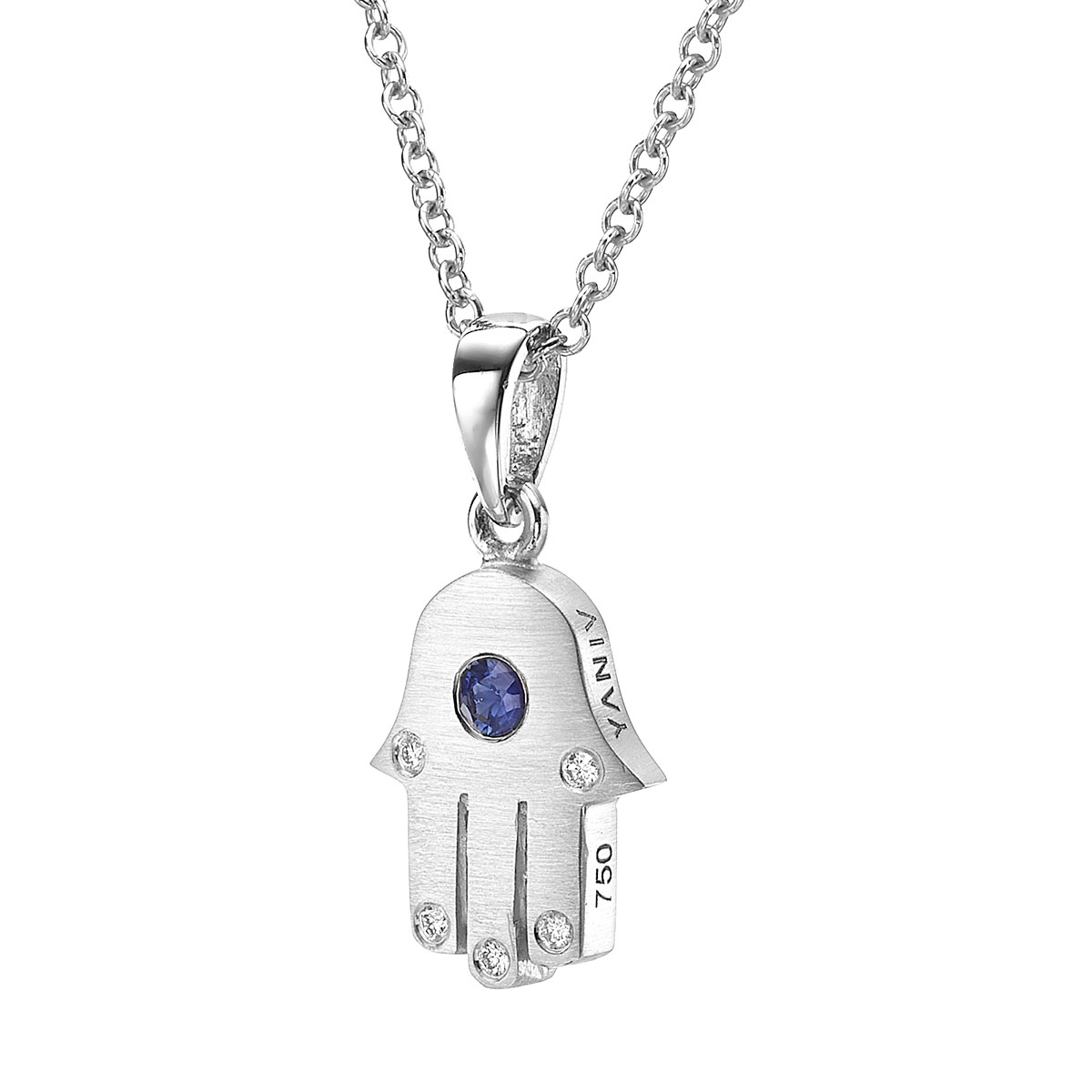 Yaniv Fine Jewelry Thick 18K Gold Hamsa Pendant With Blue Sapphire Stone and 5 White Diamonds  - 1