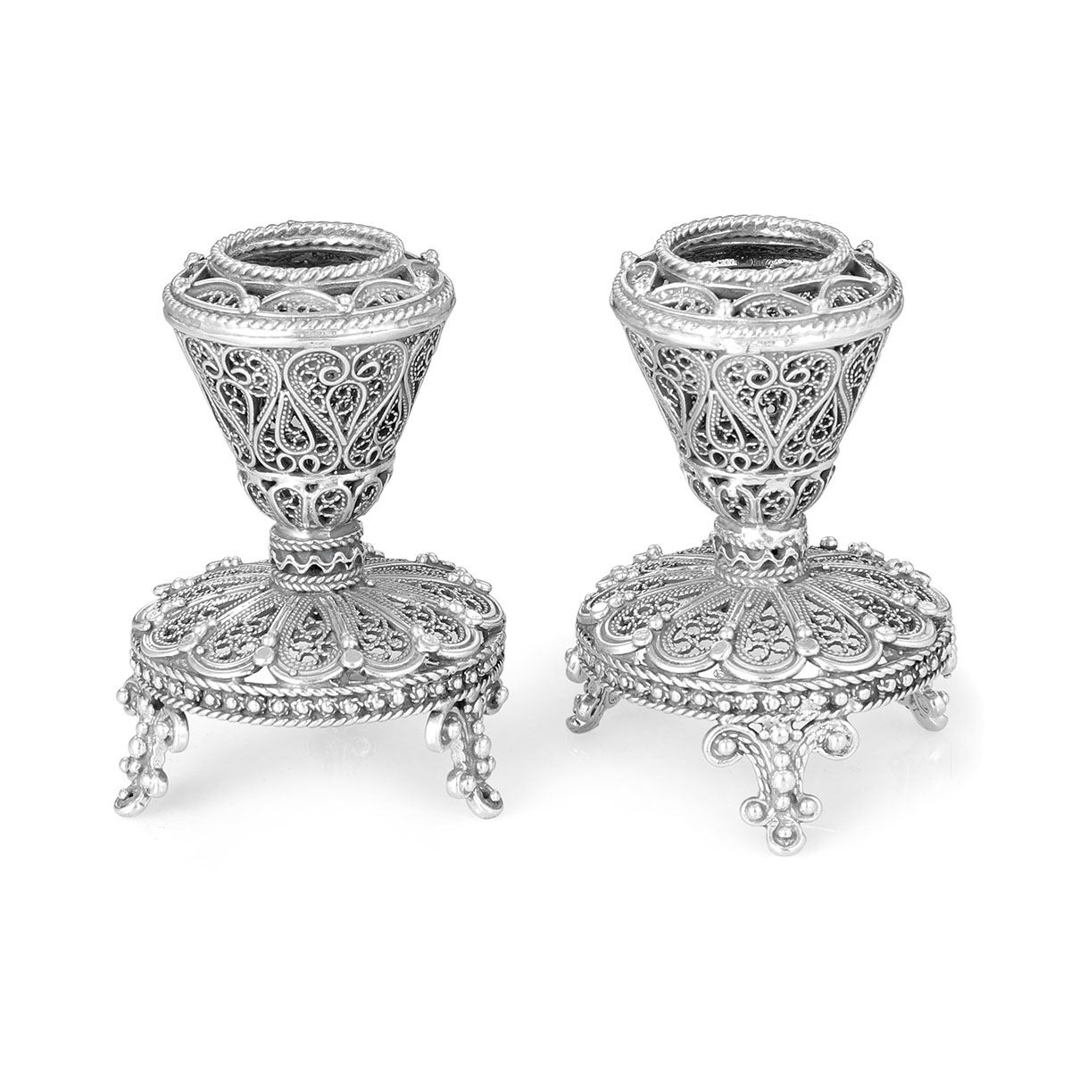 Traditional Yemenite Art Chic Handcrafted Sterling Silver Shabbat Candlesticks With Filigree Design - 1