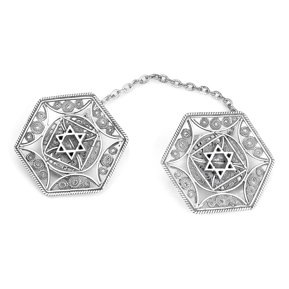 Traditional Yemenite Art Handcrafted Elegant Sterling Silver Tallit Clips With Star of David Design - 1