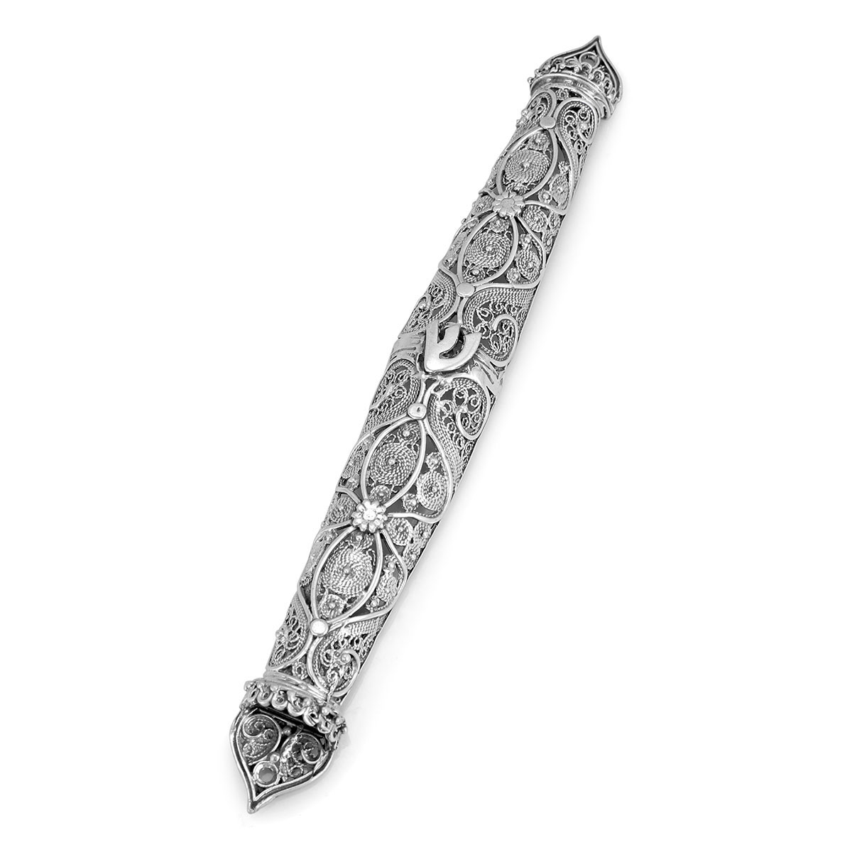 Traditional Yemenite Art Handcrafted Sterling Silver Mezuzah Case With Elaborate Floral Filigree Design - 1